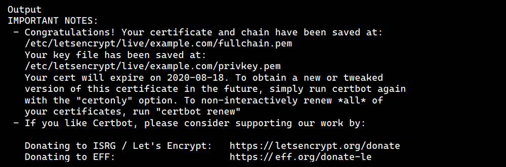 Сообщение об успешном выпуске SSL-сертификата через Certbot