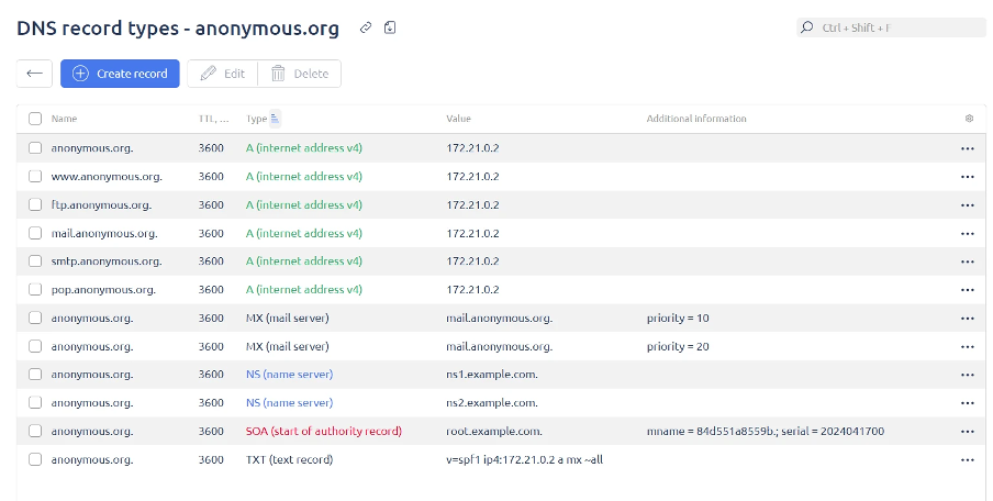 Раздел DNS Records в панели управления доменом